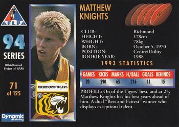 1994 Dynamic AFLPA #71 Matthew Knights Back